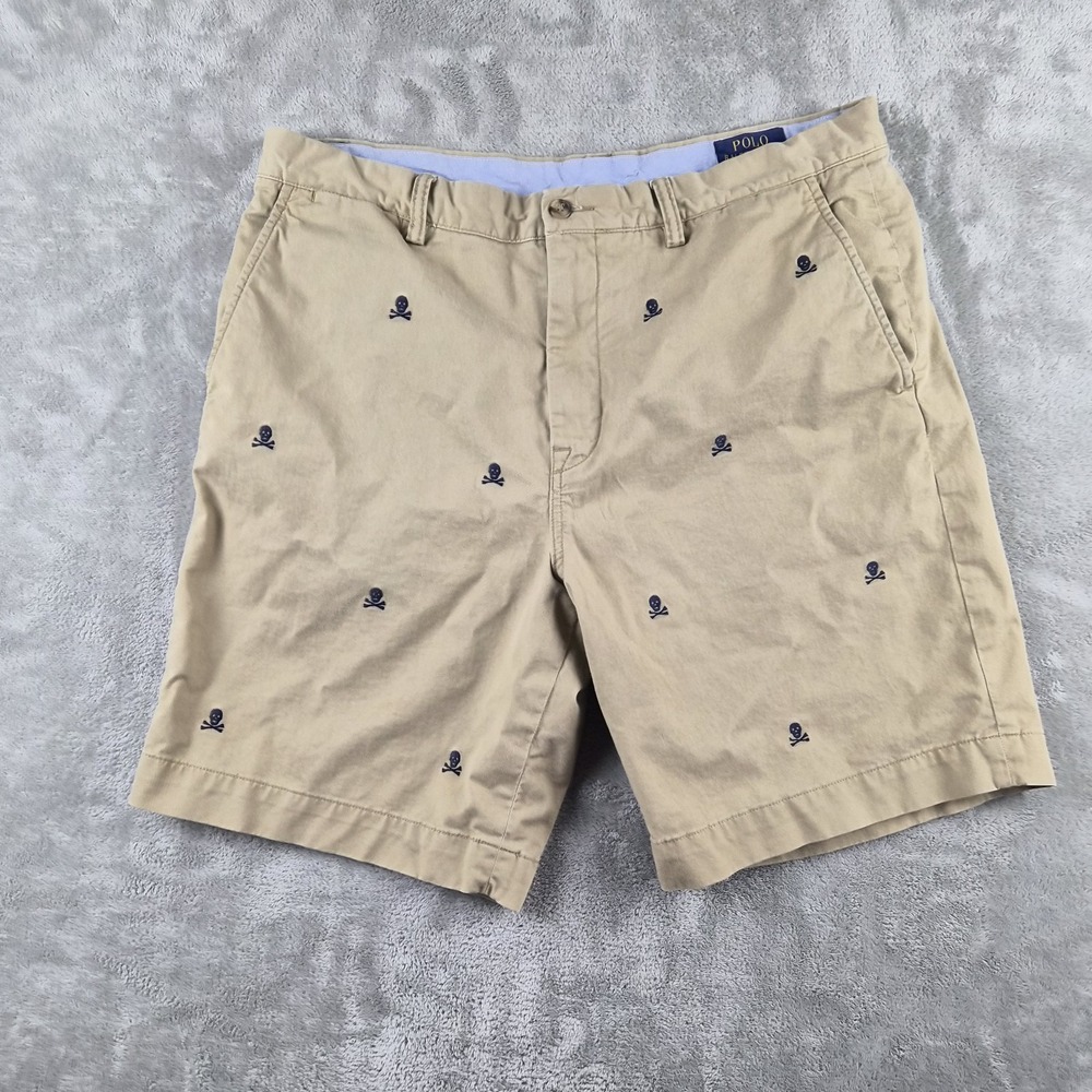 Polo Ralph Lauren Shorts Men 35 (fits 34x8) Skull Crossbones Classic Fit Khaki